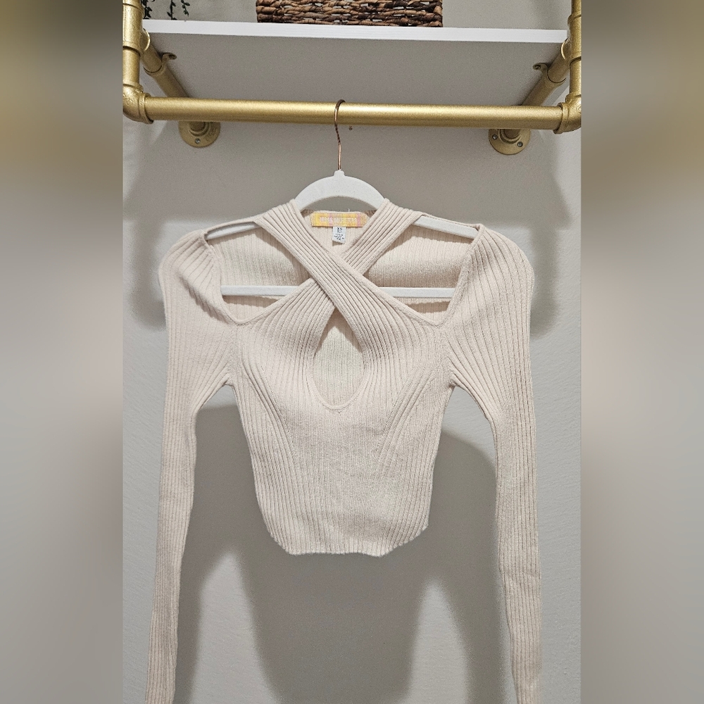 Urban Outfitters Cream Ribbed Cutout Crop Top
